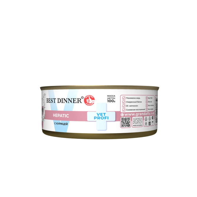 Best Dinner Vet Profi Hepatic влажный диетический корм для взрослых кошек при заболеваниях печени, с курицей, в консервах - 100 г х 12 шт