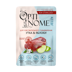 Optinome влажный корм для взрослых стерилизованных кошек при чувствительном пищеварении с уткой и яблоками в желе, в паучах - 75 г х 28 шт