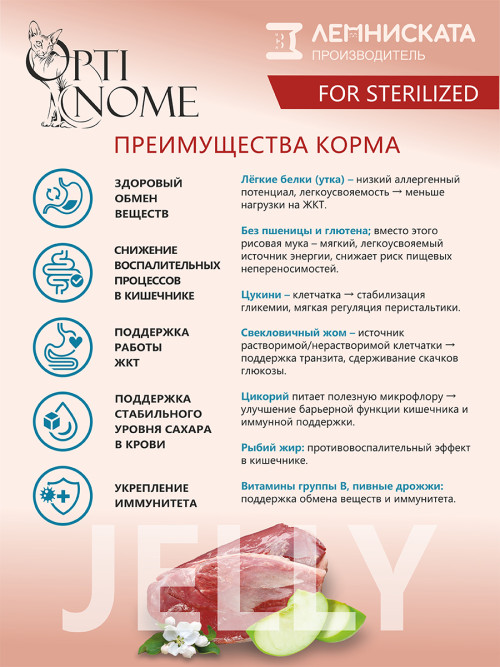 Optinome влажный корм для взрослых стерилизованных кошек при чувствительном пищеварении с уткой и яблоками в желе, в паучах - 75 г х 28 шт