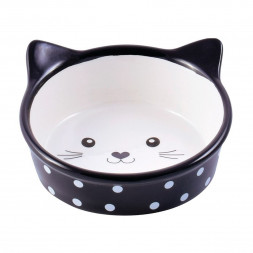 КерамикАрт миска керамическая для кошек в форме кошачьей мордочки, черная в горошек 250 мл