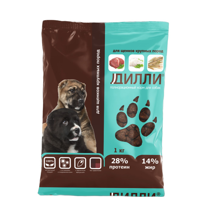 Дилли сухой корм для щенков крупных пород с курицей и индейкой - 1 кг