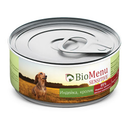 BioMenu Sensitive влажный корм для взрослых собак с индейкой и кроликом, в консервах  - 100 г х 24 шт