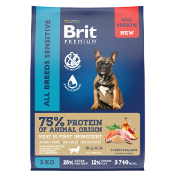 Brit Premium Dog Adult Sensitive сухой корм для взрослых собак всех пород с чувствительным пищеварением, с индейкой и лососем - 3 кг