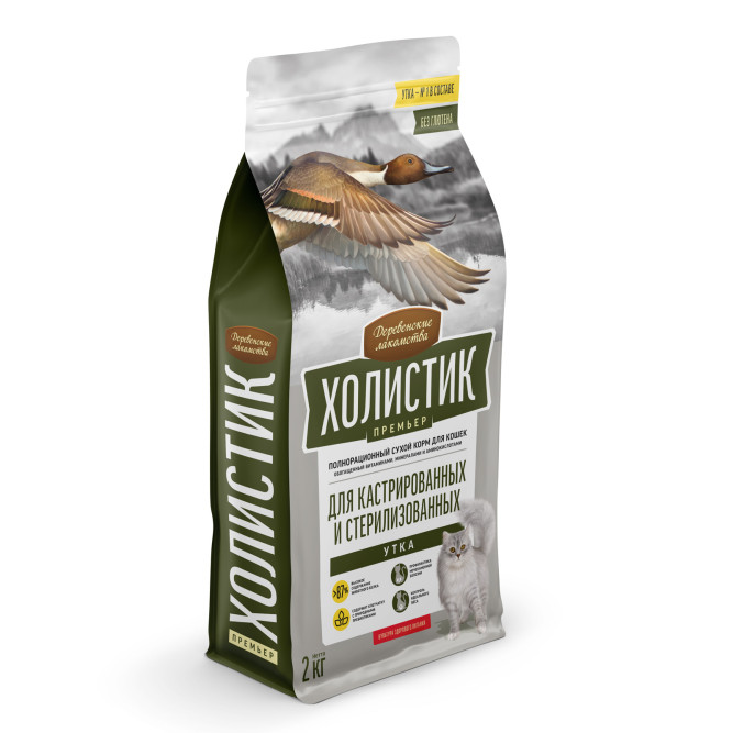 Деревенские лакомства Холистик Премьер сухой корм для стерилизованных кошек с уткой - 2 кг