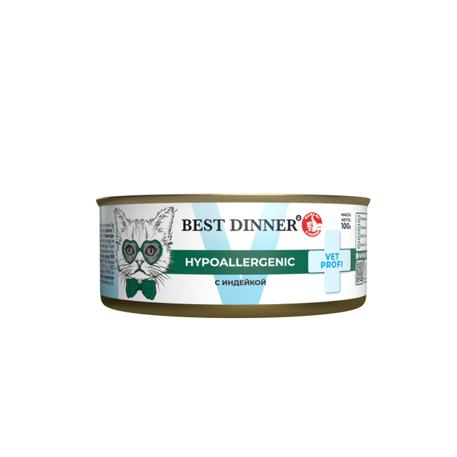 Best Dinner Vet Profi Hypoallergenic влажный диетический корм для котят и взрослых кошек при пищевой аллергии или непереносимости, с индейкой, в консервах - 100 г х 12 шт