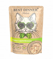 Best Dinner Holistic влажный корм для взрослых стерилизованных кошек с тунцом и цыпленком в соусе в паучах - 70 г х 18 шт