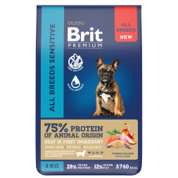 Brit Premium Dog Adult Sensitive сухой корм для взрослых собак всех пород с чувствительным пищеварением, с индейкой и лососем - 8 кг