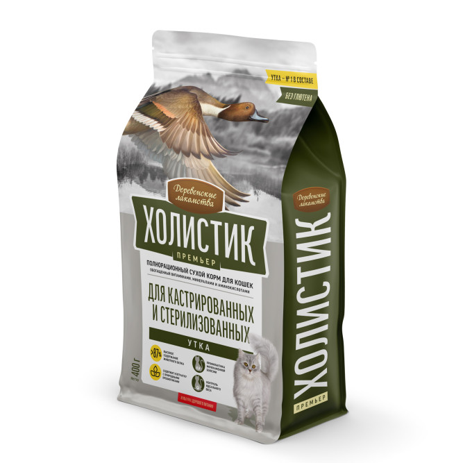 Деревенские лакомства Холистик Премьер сухой корм для стерилизованных кошек с уткой - 400 г