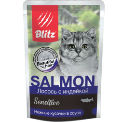 Blitz Sensitive влажный корм для кошек, кусочки в соусе с лососем и индейкой - 85 г (24 шт)