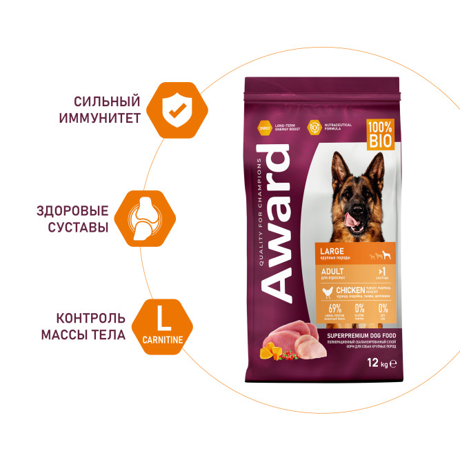 AWARD сухой корм для взрослых собак крупных пород, с курицей, индейкой, тыквой и шиповником - 12 кг