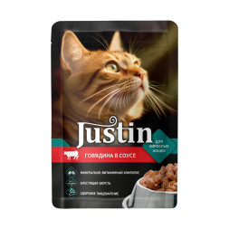 Justin влажный корм для взрослых кошек с говядиной в соусе, в паучах - 75 г х 28 шт