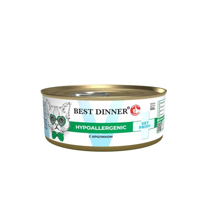 Best Dinner Vet Profi Hypoallergenic влажный диетический корм для котят и взрослых кошек при пищевой аллергии или непереносимости, с кроликом, в консервах - 100 г х 12 шт