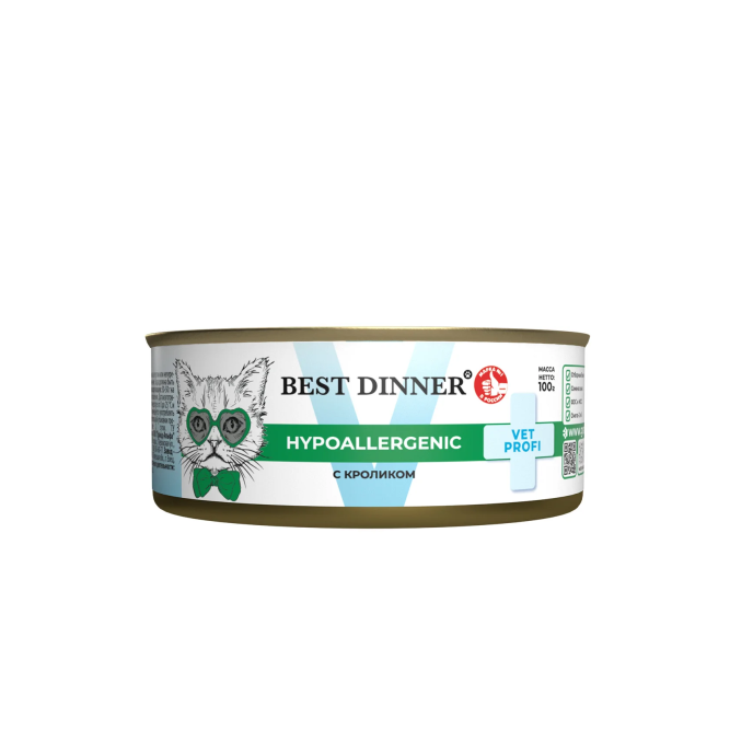 Best Dinner Vet Profi Hypoallergenic влажный диетический корм для котят и взрослых кошек при пищевой аллергии или непереносимости, с кроликом, в консервах - 100 г х 12 шт