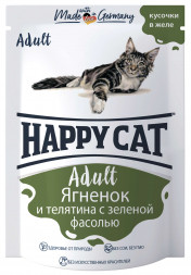 Happy Cat паучи для взрослых кошек с ягненком, телятиной и зеленой фасолью в желе - 100 г х 24 шт (Россия)