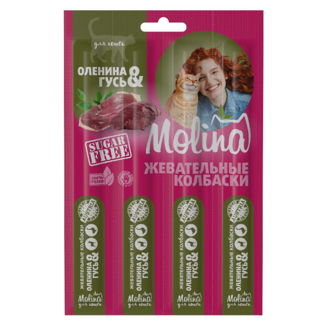 Molina лакомство жевательные колбаски для кошек "Оленина и гусь" - 20 г