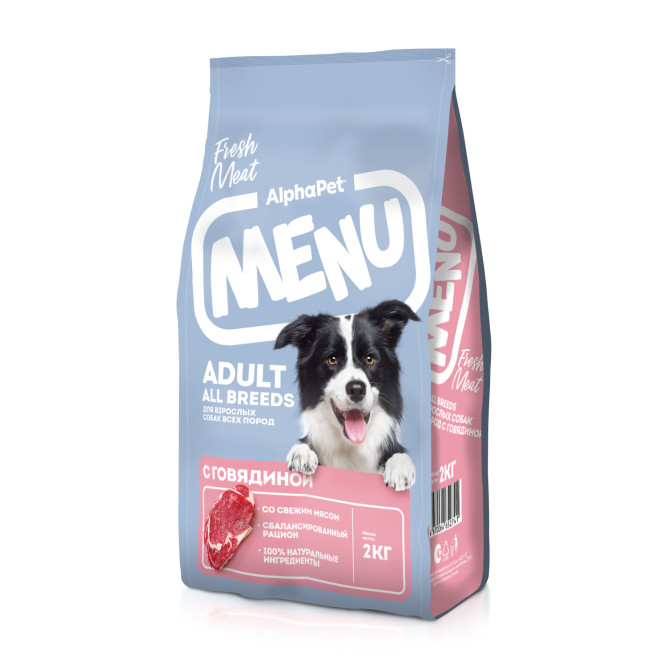 AlphaPet MENU сухой корм для взрослых собак всех пород с говядиной - 2 кг