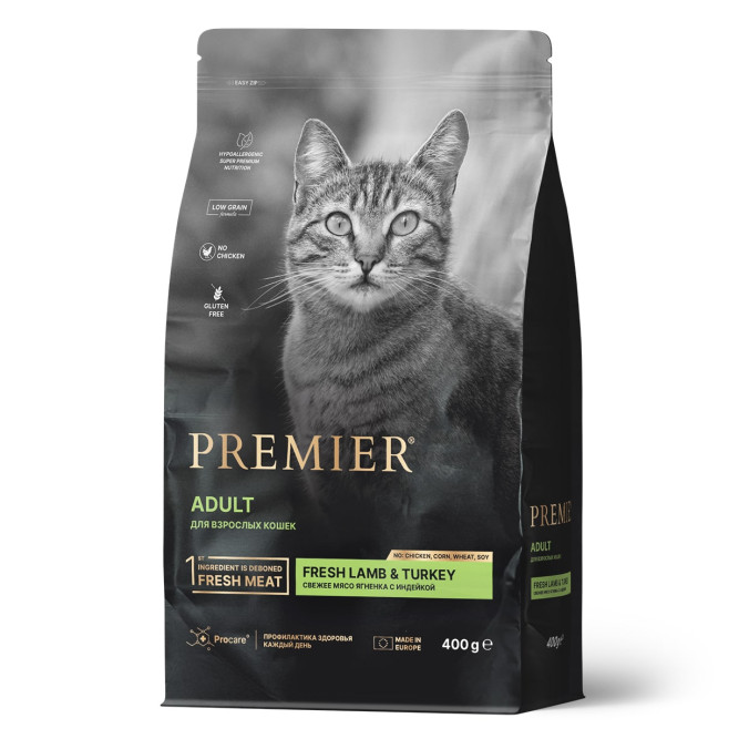 Premier Cat Lamb &amp; Turkey Adult сухой корм для взрослых кошек, свежее мясо ягненка с индейкой - 400 г