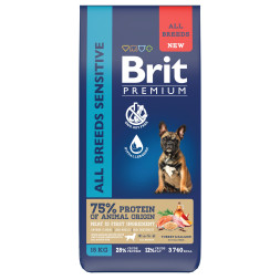 Brit Premium Dog Adult Sensitive сухой корм для взрослых собак всех пород с чувствительным пищеварением, с индейкой и лососем - 15 кг