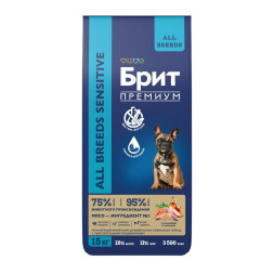 Брит Премиум Dog Adult Sensitive сухой корм для взрослых собак всех пород с чувствительным пищеварением, с индейкой и лососем - 15 кг