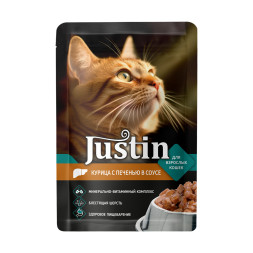 Justin влажный корм для взрослых кошек с курицей и печенью в соусе, в паучах - 75 г х 28 шт