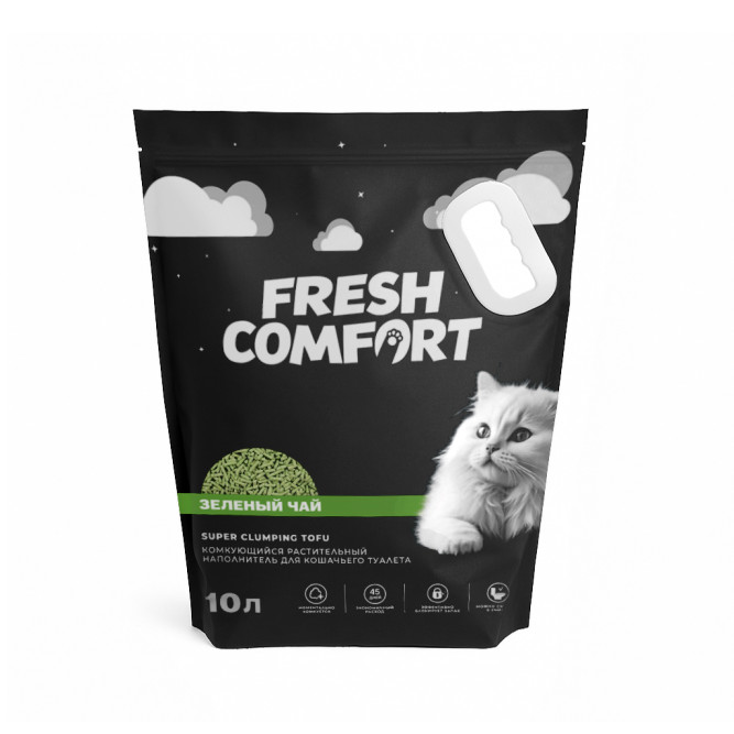 Fresh Comfort наполнитель тофу комкующийся для кошачьего туалета с ароматом "Зеленый чай" - 10 л
