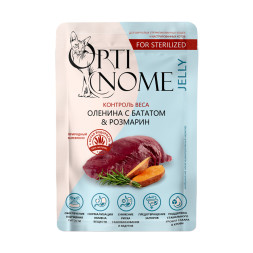 Optinome влажный корм для взрослых стерилизованных кошек для контроля веса с олениной, бататом и розмарином в желе, в паучах - 75 г х 28 шт