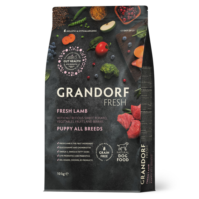 Grandorf Fresh Dog Puppy Lamb&amp;Sweet Potato сухой беззерновой корм с живыми пробиотиками для щенков и беременных собак с ягненком и бататом - 10 кг