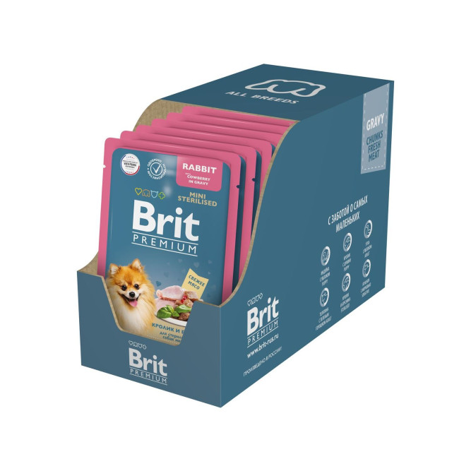 Брит Премиум паучи для взрослых стерилизованных собак миниатюрных пород с кроликом и брусникой в соусе - 85 г х 14 шт