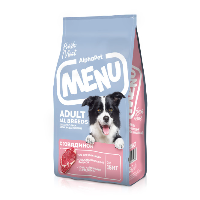 AlphaPet MENU сухой корм для взрослых собак всех пород с говядиной - 15 кг