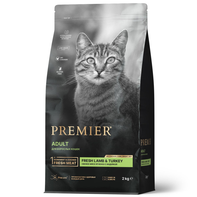 Premier Cat Lamb &amp; Turkey Adult сухой корм для взрослых кошек, свежее мясо ягненка с индейкой - 2 кг