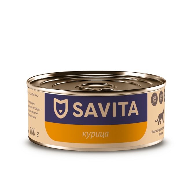 Savita влажный корм для взрослых стерилизованных кошек с курицей, в консервах - 100 г х 12 шт