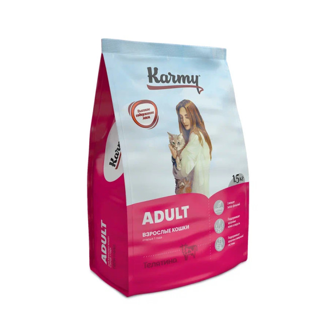 Karmy Adult полнорационный сухой корм для взрослых кошек, с телятиной - 1,5 кг