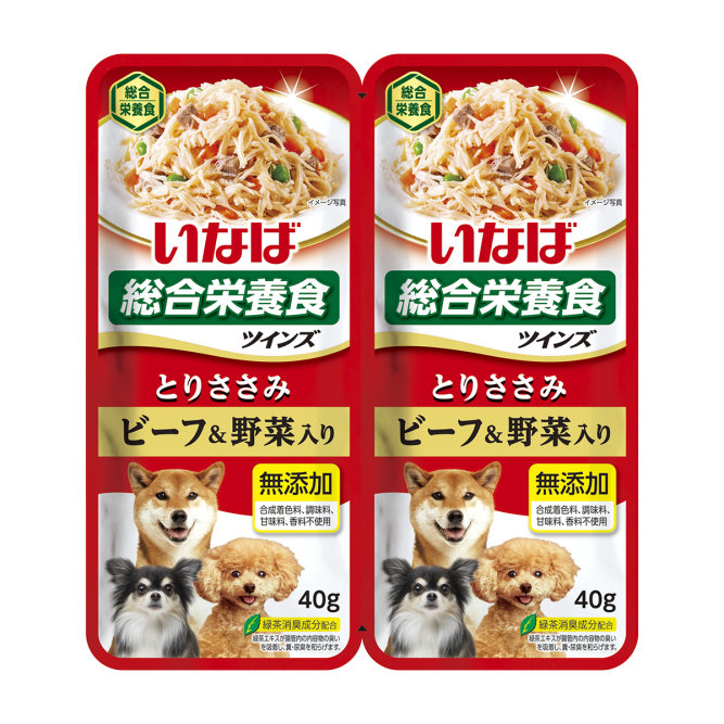 Inaba Twins влажный дополнительный корм для взрослых собак всех пород с куриным филе, овощами и говядиной в желе, в паучах - 80 г х 12 шт