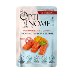Optinome влажный корм для взрослых стерилизованных кошек для профилактики МКБ и цистита с лососем, тыквой и зеленью в желе, в паучах - 75 г х 28 шт
