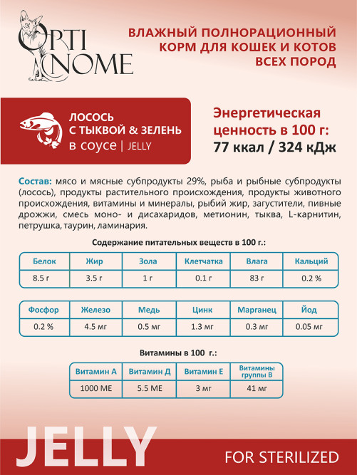 Optinome влажный корм для взрослых стерилизованных кошек для профилактики МКБ и цистита с лососем, тыквой и зеленью в желе, в паучах - 75 г х 28 шт