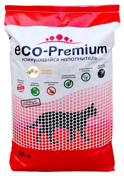 ECO-Premium наполнитель древесный комкующийся с ароматом ромашки - 55 л (20,2 кг)
