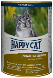 Happy Cat консервы для взрослых кошек с уткой и цыпленком в желе - 400 г х 12 шт (Россия)