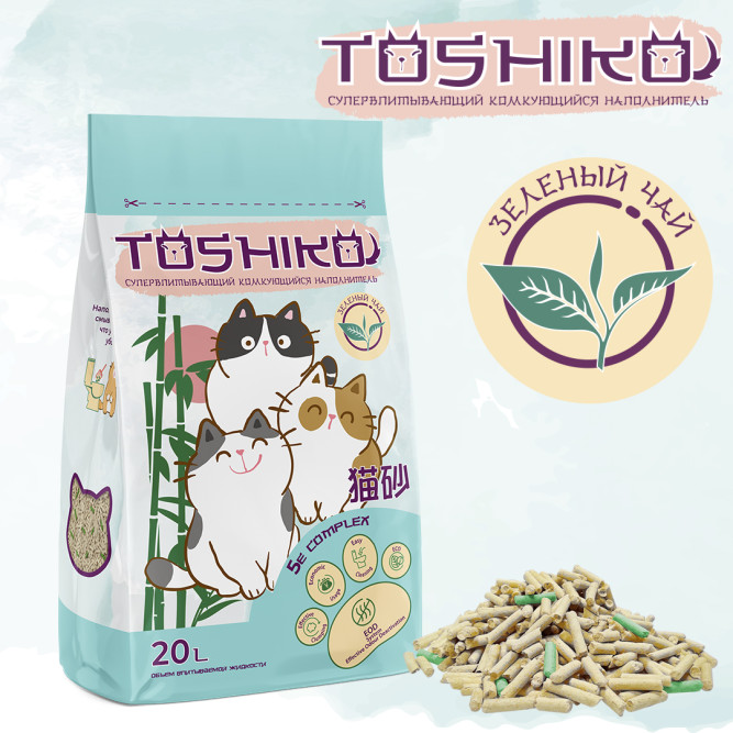 Toshiko Зеленый чай наполнитель комкующийся древесный для кошачьих туалетов - 7,6 кг (20 л)