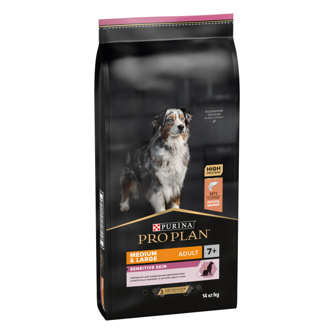 Pro Plan Medium &amp; Large Athletic Sensitive Skin 7+ сухой корм для взрослых собак крупных пород старше 7 лет с атлетическим телосложением с чувствительной кожей с лососем и рисом - 14 кг