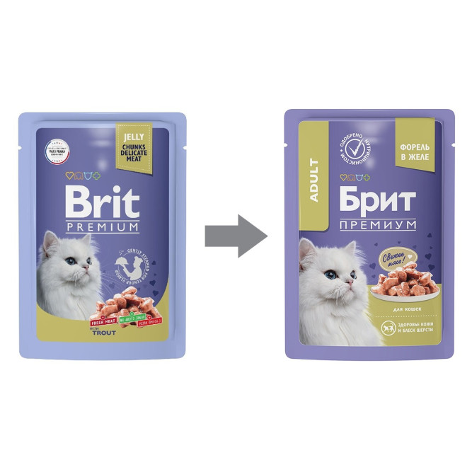 Брит Премиум паучи для взрослых кошек с форелью кусочки в желе - 85 г х 14 шт