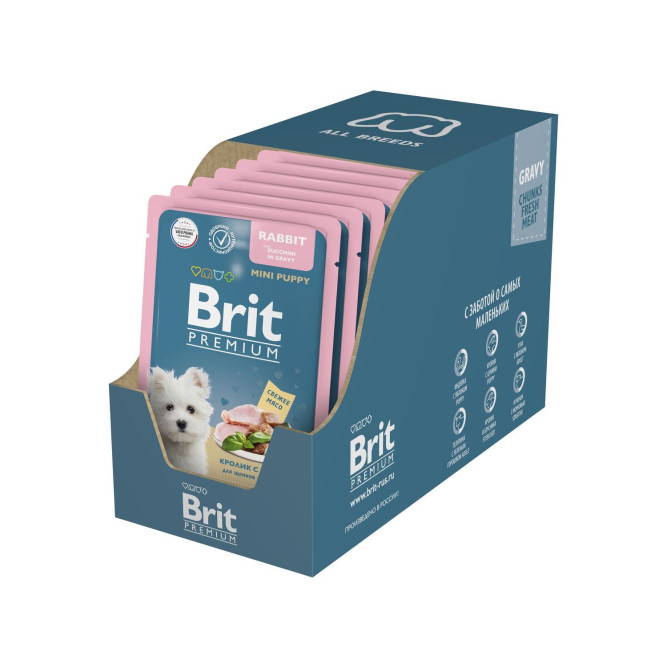 Брит Премиум паучи для щенков миниатюрных пород с кроликом и цукини в соусе - 85 г х 14 шт