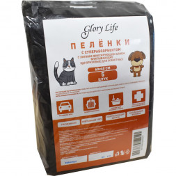 Glory Life пеленки c суперабсорбентом и липким фиксирующим слоем одноразовые для собак и кошек, чёрные, 5 шт, 60x60 см