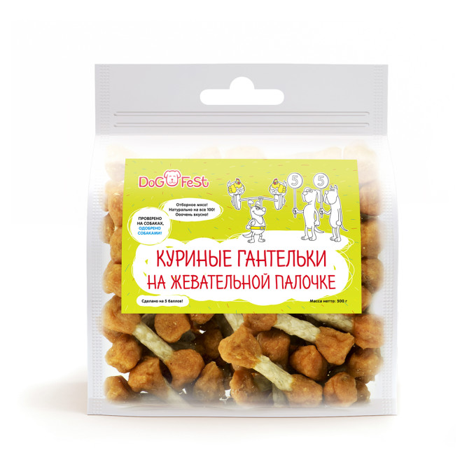 Dog Fest лакомство для взрослых собак всех пород "Куриные гантельки на жевательной палочке" - 500 г