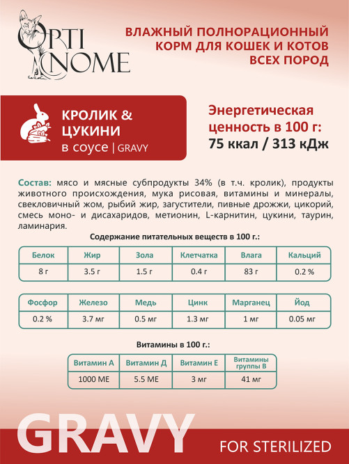 Optinome влажный корм для взрослых стерилизованных кошек при чувствительном пищеварении с кроликом и цукини в соусе, в паучах - 75 г х 28 шт