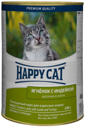 Happy Cat консервы для взрослых кошек с ягненком и индейкой в желе - 400 г х 12 шт (Россия)