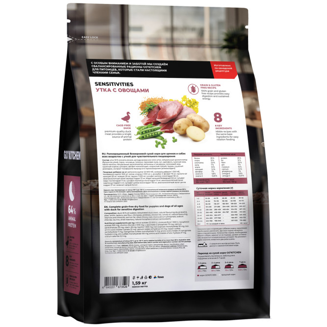 Go' Kitchen SENSITIVITIES Grain Free сухой беззерновой корм для щенков и собак с чувствительным пищеварением, с уткой - 1,59 кг