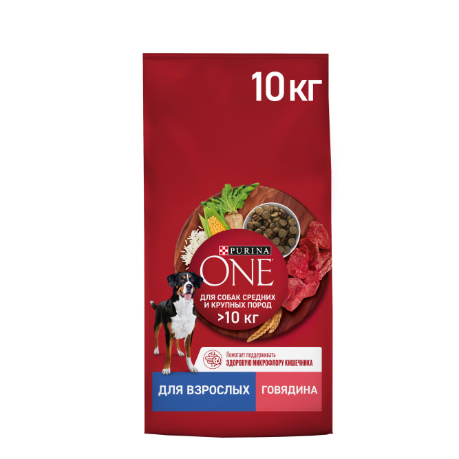 Purina ONE сухой корм для взрослых собак средних и крупных пород с говядиной и рисом - 10 кг