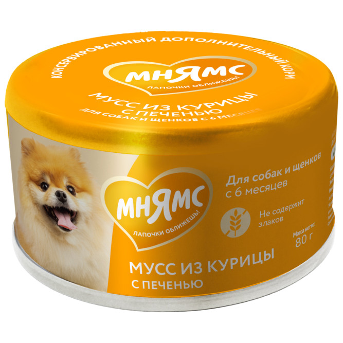 Мнямс влажный дополнительный корм для собак и щенков старше 6 месяцев, мусс из курицы с печенью - 80 г х 24 шт