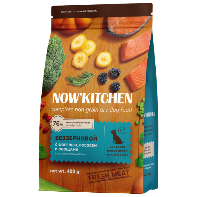 NOW' Kitchen сухой беззерновой корм для взрослых собак малых пород, со свежей форелью и лососем - 400 г