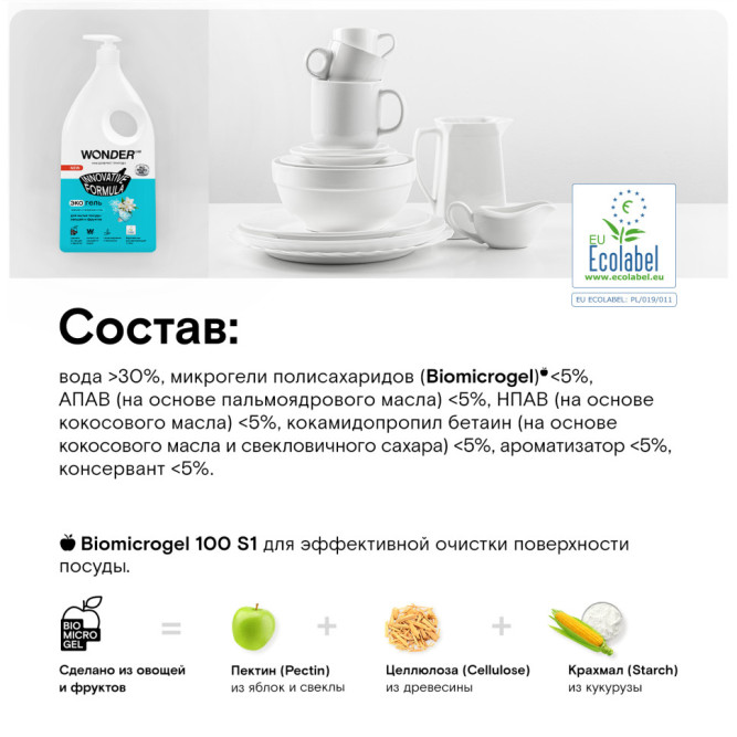 WONDER LAB экогель для мытья посуды, жасмин и морская соль - 1 л